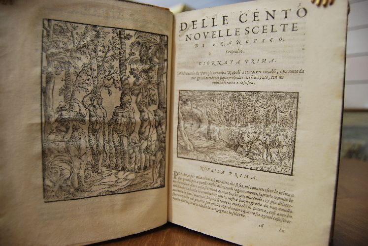 Cento Novelle Scelte da piu nobili scrittori della lingua volgare, di Francesco Sansouino nelle qvali si contengono piaceuoli, e notabili auuenimenti. Nuouamente riformate, riuedute, e corrette, Con licenza de superiori; edi nuouo aggiontoui le figure ad ogni Nouella. Al Magnifico, & Eccellente Signore e padron colendissimo, il Sig. Girolamo Rossetti.