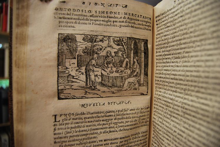 Cento Novelle Scelte da piu nobili scrittori della lingua volgare, di Francesco Sansouino nelle qvali si contengono piaceuoli, e notabili auuenimenti. Nuouamente riformate, riuedute, e corrette, Con licenza de superiori; edi nuouo aggiontoui le figure ad ogni Nouella. Al Magnifico, & Eccellente Signore e padron colendissimo, il Sig. Girolamo Rossetti.