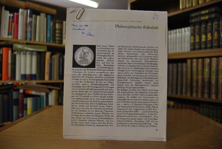 Fotokopie des Aufsatzes "Philosophische Fakultät" aus Rheinische Friedrich-Wilhelms-Universität Bonn (1987).