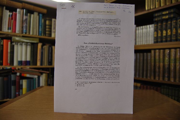 Fotokopie des Aufsatzes "Zum `Handschriften-Census Rheinland`" aus Annalen des Historischen Vereins für den Niederrhein 192/193 (1990).