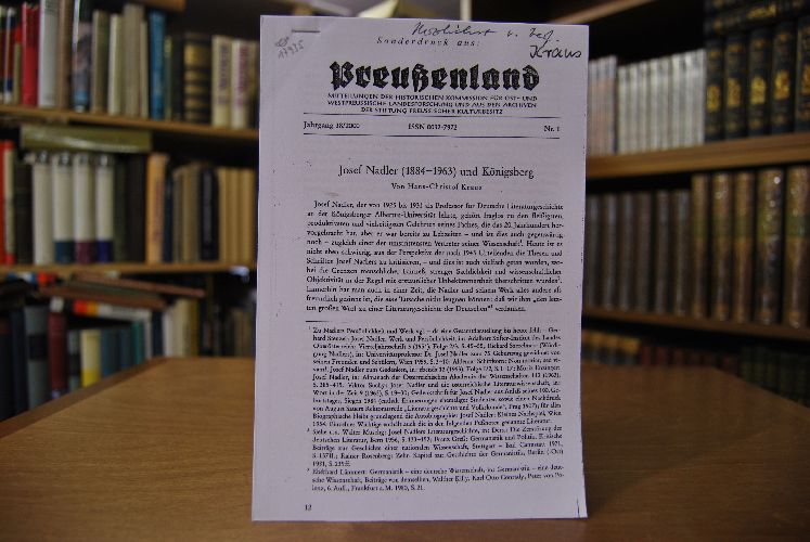 Fotokopierter Aufsatz "Josef Nadler (1884-1963) und Königsberg." Aus Preußenland Jahrgang 38 Nr. 1.