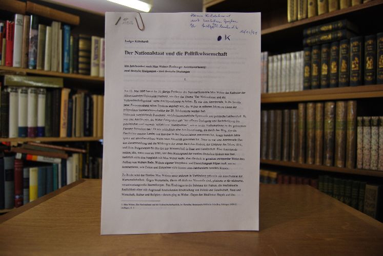 Fotokopie des Aufsatzes "Der Nationalstaat und die Politikwissenschaft. Ein Jahrhundert nach Max Webers Freiburger Antrittsvorlesung zwei deutsche Einigungen-zwei deutsche Deutungen."