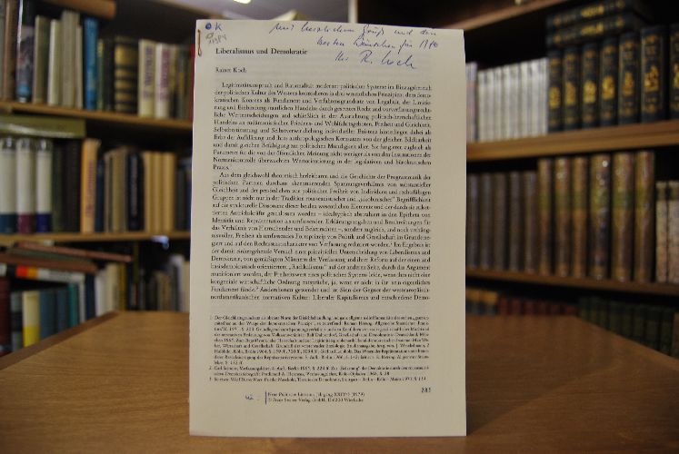 Sonderdruck des Aufsatzes "Liberalismus und Demokratie." Aus Neue Politische Literatur. Jahrgang XXIV/3.