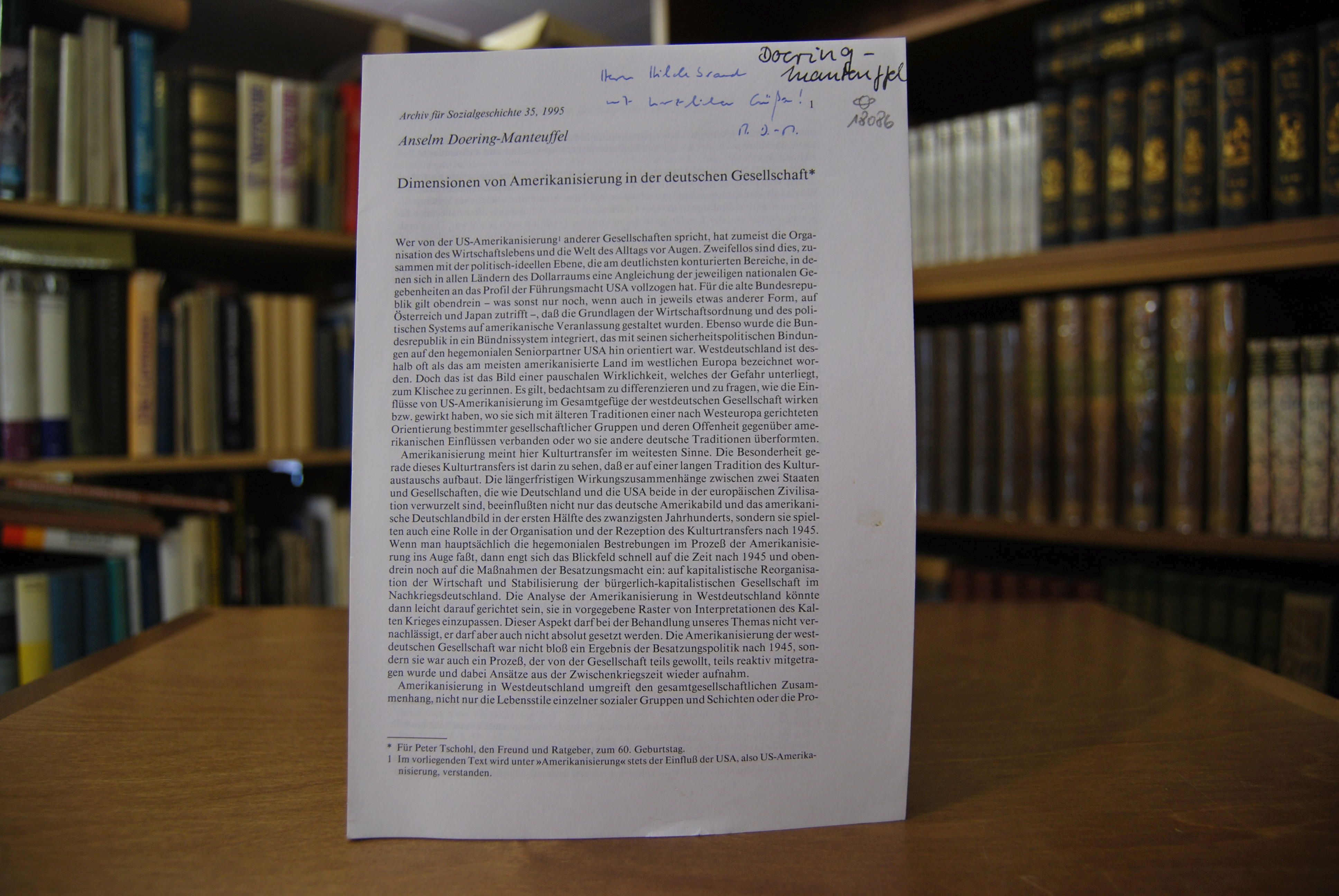 Sonderdruck des Aufsatzes "Dimensionen von Amerikanisierung in der deutschen Gesellschaft." Aus Archiv für Sozialgeschichte 35.