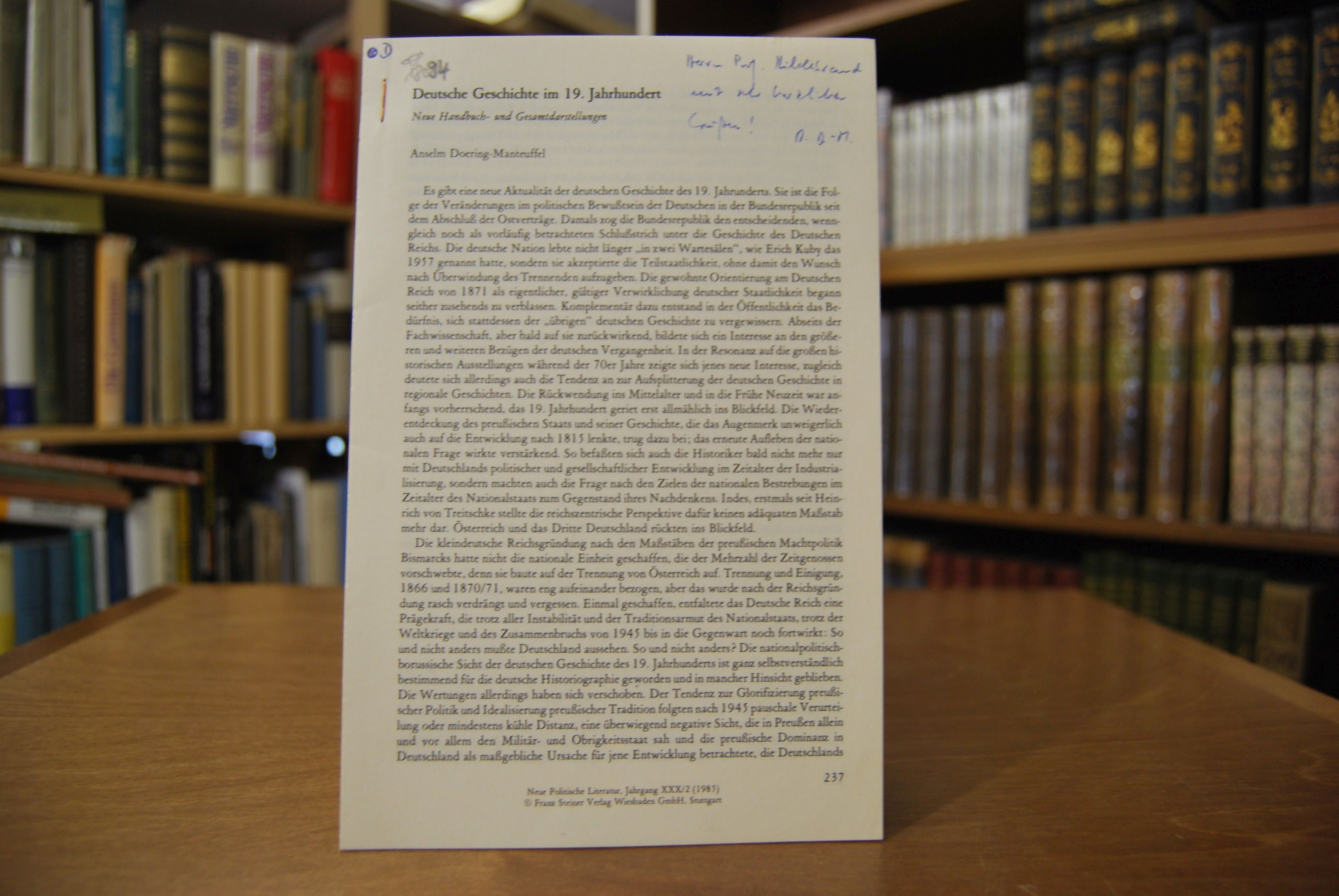 Sonderdruck des Aufsatzes "Deutsche Geschichte im 19. Jahrhundert. Neue Handbuch- und Gesamtdarstellungen" Aus Neue Politische Literatur Jahrgang XXXII.