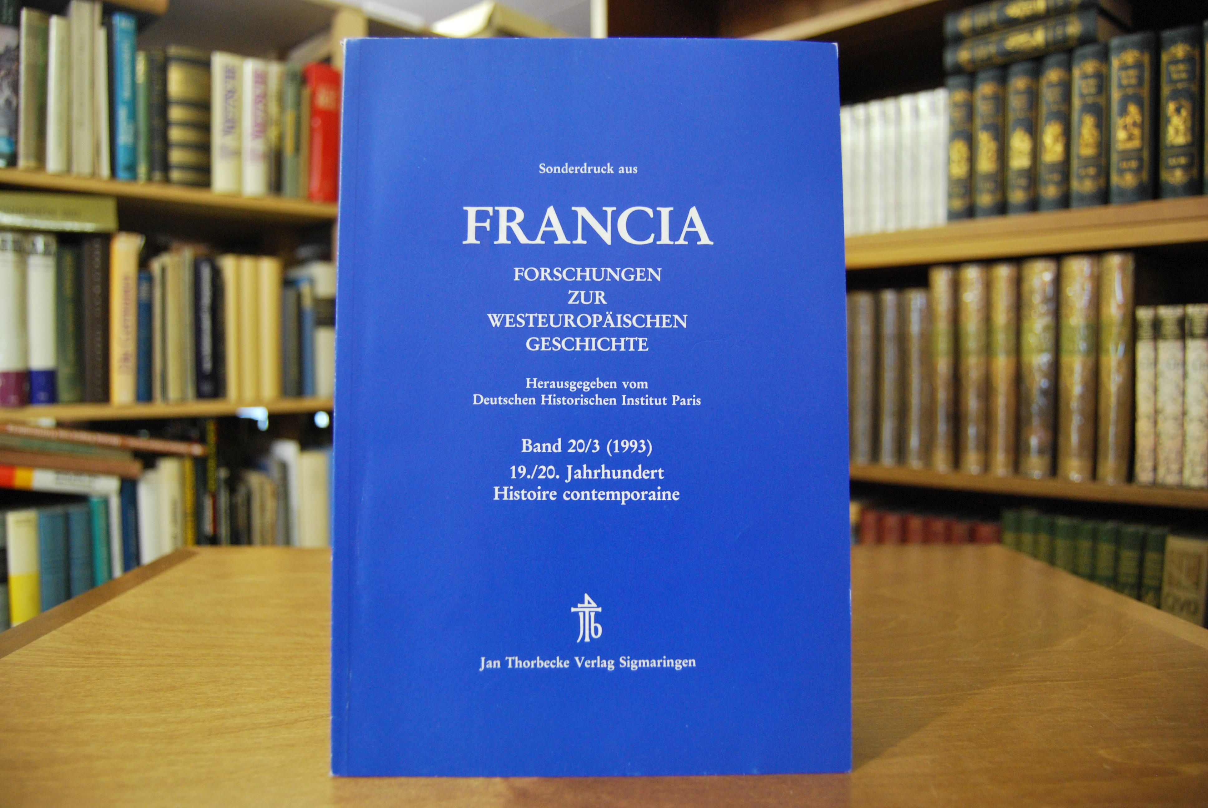 Sonderdruck des Aufsatzes "Leon Bourgeois and the reaction in France to his receiving the Nobel Peace Prize in 1920." Aus Francia. Forschungen zur westeuropäischen Geschichte, Band 20/3.