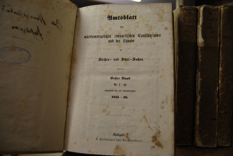 Amtsblatt des württembergischen evangelischen Consistoriums und der Synode in Kirchen- und Schul-Sachen. Bde. 1-5 1855-1873.