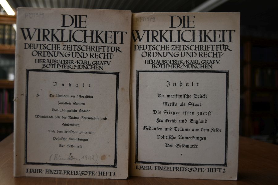 Die Wirklichkeit. Deutsche Zeitschrift für Ordnung und Recht. Hefte 1 + 2 (von insgesamt 29 bis zum Verbot durch das bayerische Kriegsministerium 1917 erschienenen, insgesamt 29 Nummern).