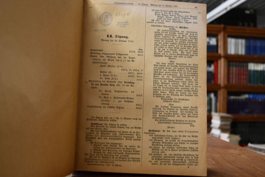 Verhandlungen der verfassunggebenden Deutschen Nationalversammlung. Sammelband mit Protokollen der 14., 17., 19., 20.,44.-49., 53., 54., 57.-60., 62., 63., 69., 70., 71. Sitzung