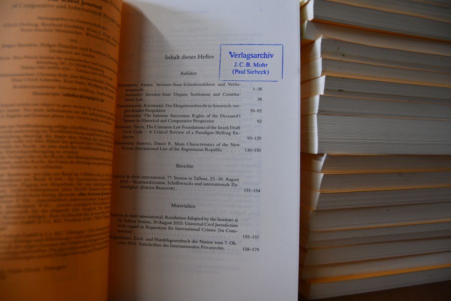 Rabels Zeitschrift für ausländisches und internationales Privatrecht. The Rabel Journal of Comparative and International Private Law Bd. 67 (2003) - Bd. 80 (2016) ohne Bd. 72 Heft 1 (S. 1-232) und mit Zehnjahresregister Jahrgang 55 (1991) - 64 (2000).