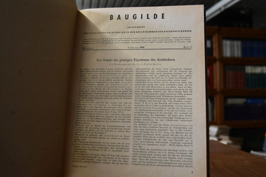 Baugilde. Zeitschrift des Bundes Deutscher Architekten BDA,Fachverband für Baukunst in der Reichskammer der Bildenden Künste 20.Jahrgang Heft 1, Heft 3, Heft 4, Heft 7 bis S. 248, Heft 8 ab S. 255, Heft 10, Heft 11, Heft 12.