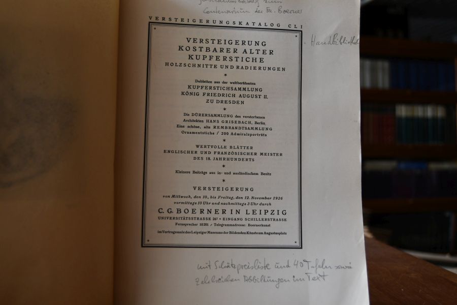 C.G. Boerner Leipzig. Versteigerungskatalog CLI. Versteigerung kostbarer alter Kupferstiche, Holzschnitte und Radierungen Dubletten aus der weltberühmten Kupferstichsammlung König Friedrich August II. zu Dresden. Die Dürersammlung des verstorbenen Architekten Hans Grisebach, Berlin. Eine schöne, alte Rembrandtsammlung. Ornamentstiche / 200 Admiralsporträts. Wertvolle Blätter englischer und französischer Meister des 18. Jahrhunderts. November 1926.