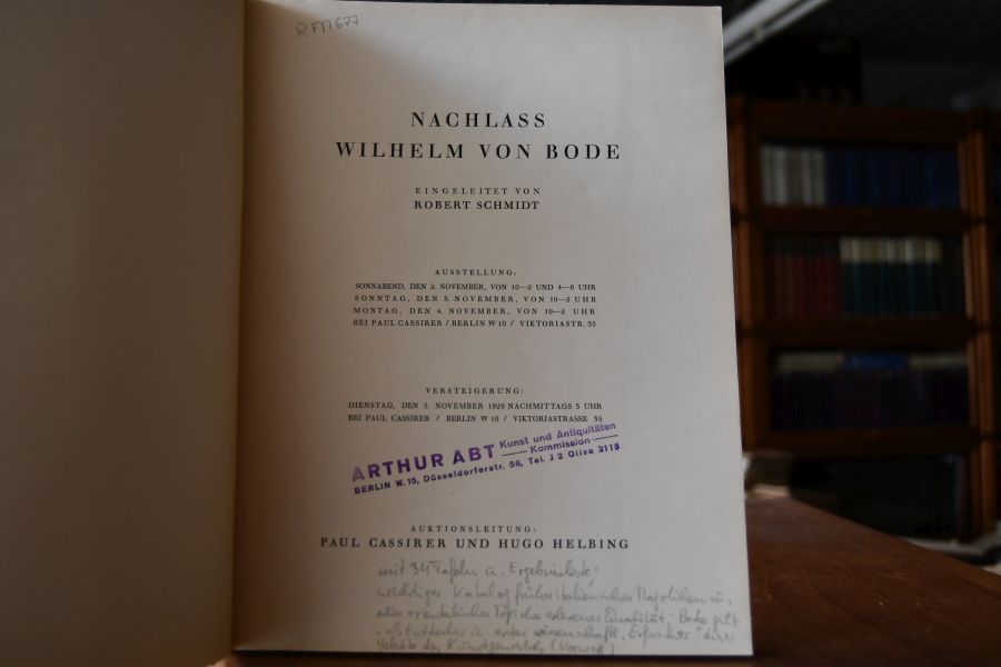 Nachlass Wilhelm von Bode. Versteigerungskatalog Paul Cassirer Berlin.