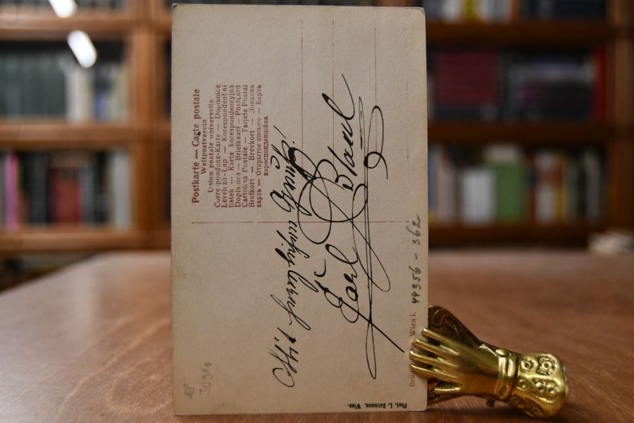 Karl Blasel (1831 - 1922) war ein österreichischer Schauspieler und Theaterdirektor Karte mit eigenhändiger, datierter Unterschrift, rückseitig handschriftliche Grüße und Unterschrift.