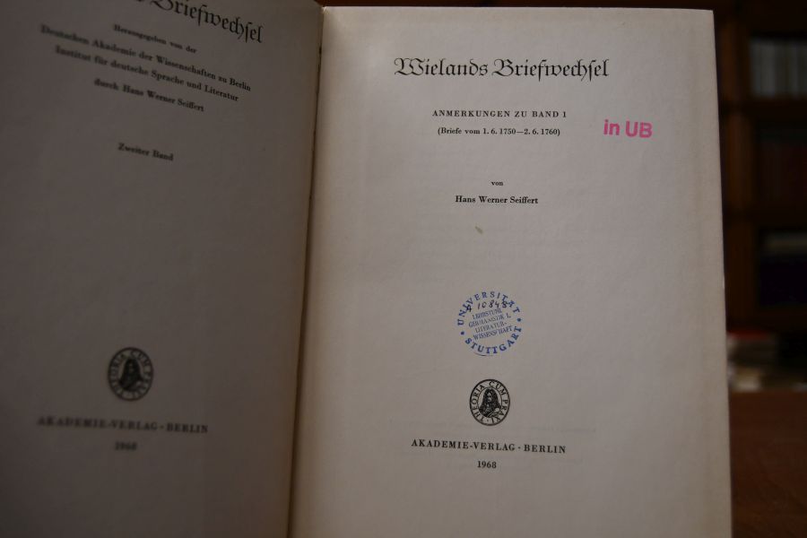Wielands Briefwechsel. Zweiter Band (apart) Anmerkungen zu Band 1 (Briefe vom 1.6.1750 - 2.6.1760).