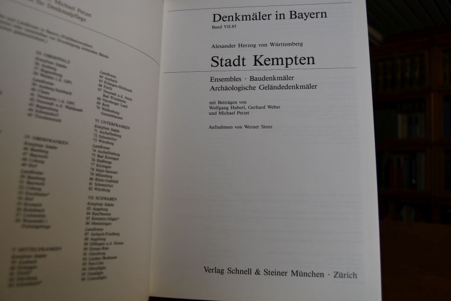 Denkmaltopographie Bundesrepublik Deutschland. Denkmäler in Bayern VII, Bd. 85. Stadt Kempten (apart).