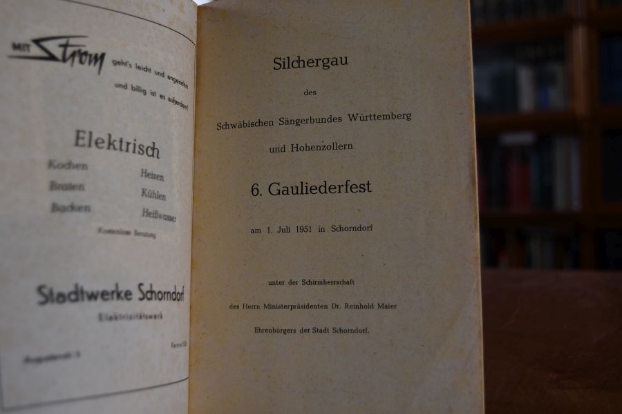 Silchergau des Schwäbischen Sängerbundes Württemberg und Hohenzollern 6. Gauliederfest am 1. Juli 1951 in Schorndorf.