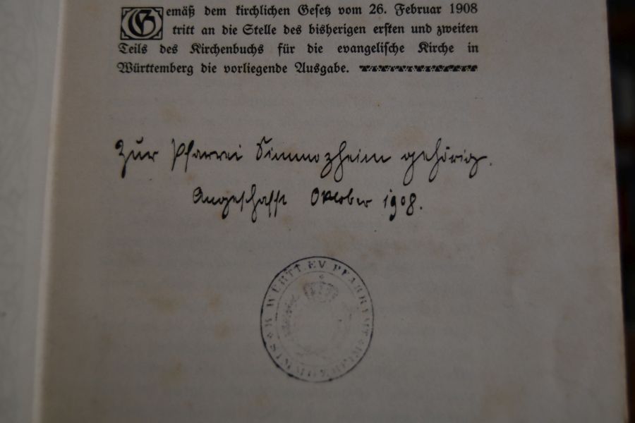 Kirchenbuch für die evangelische Kirche in Württemberg. Ausgabe von 1908 und 1912. 3 Teil in 3 Bdn.