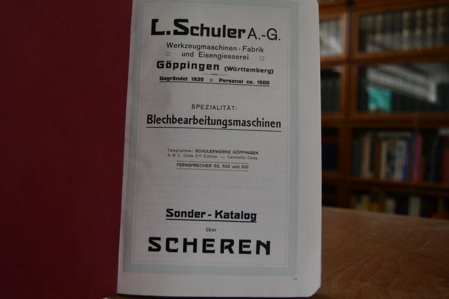 Sonder-Katalog über Scheren. Verkaufskatalog der Louis Schuler Werkzeugmaschinenfabrik Göppingen.