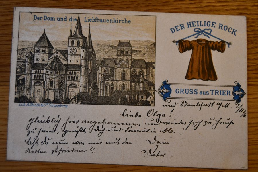 Litho. Gruss aus Trier. Der Dom und die Liebfrauenkirche. Der Heilige Rock.