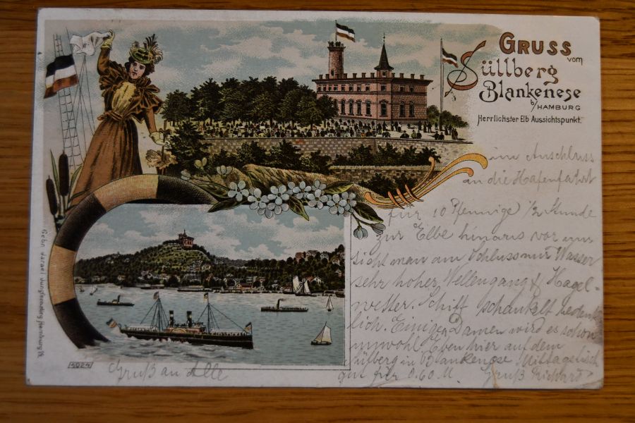 Litho. Gruss vom Süllberg Blankenese Hamburg. Herrlichster Elb Aussichtspunkt.