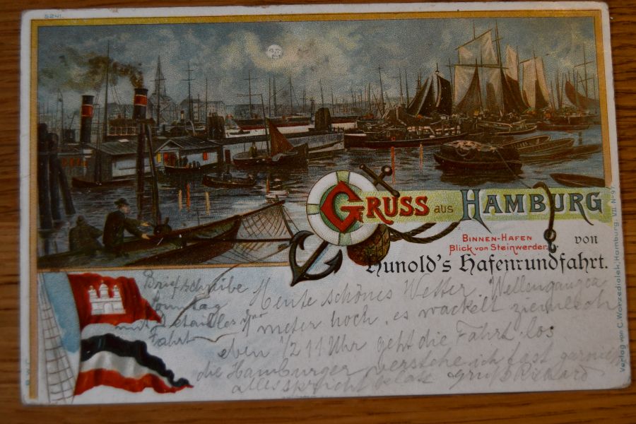 Litho. Gruss aus Hamburg. Binnen-Hafen. Blick von Steinwerder von Hunold`s Hafenrundfahrt.