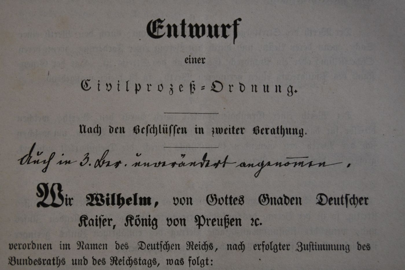 Zusammenstellung des Entwurfs einer Civilprozeß-Ordnung mit den Beschlüssen der Kommission Und andere Dokumente (auch verschiedene Drucksachen des Reichstages und des Bundesrates aus dem Jahr 1876.