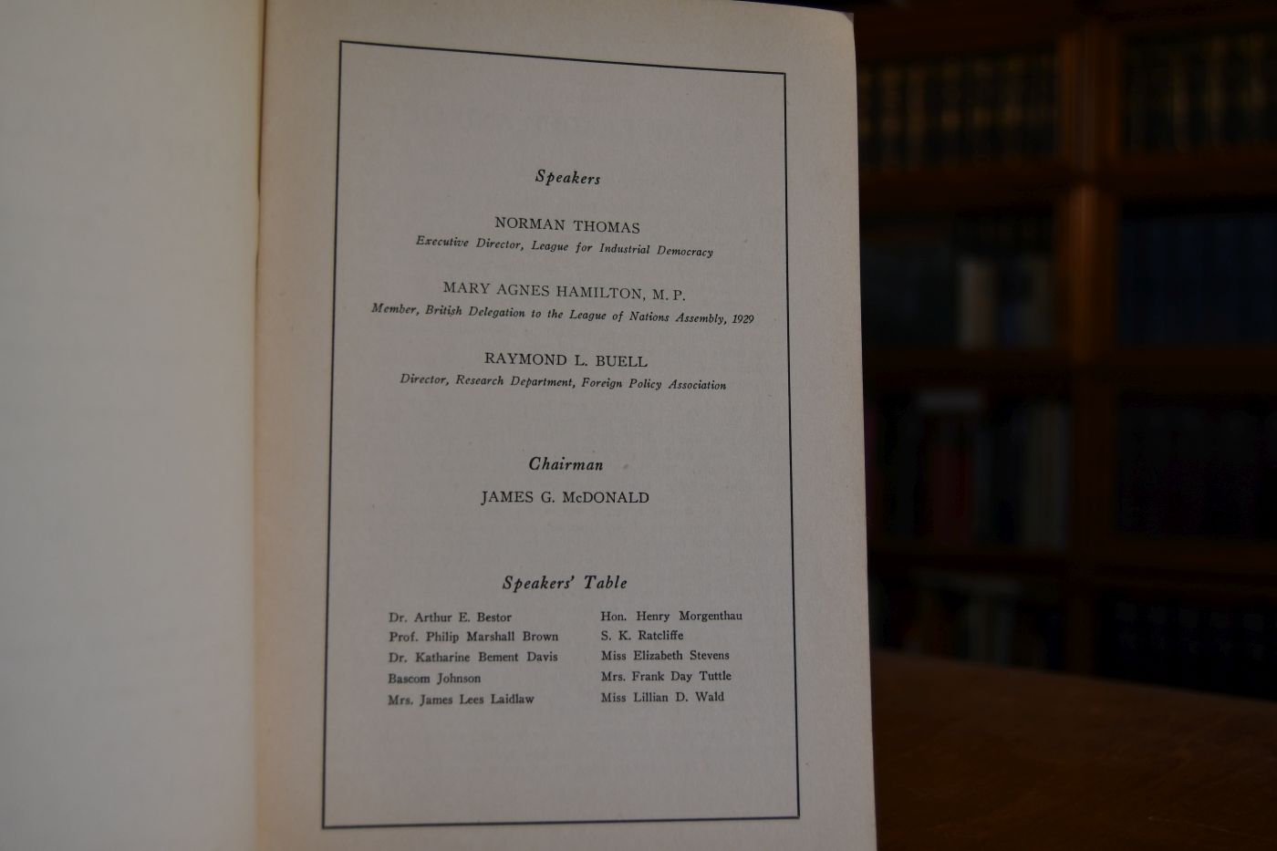In the League and out discussed by Norman Thomas, Mary Agnes Hamilton M.P., RAymond Leslie Buell.