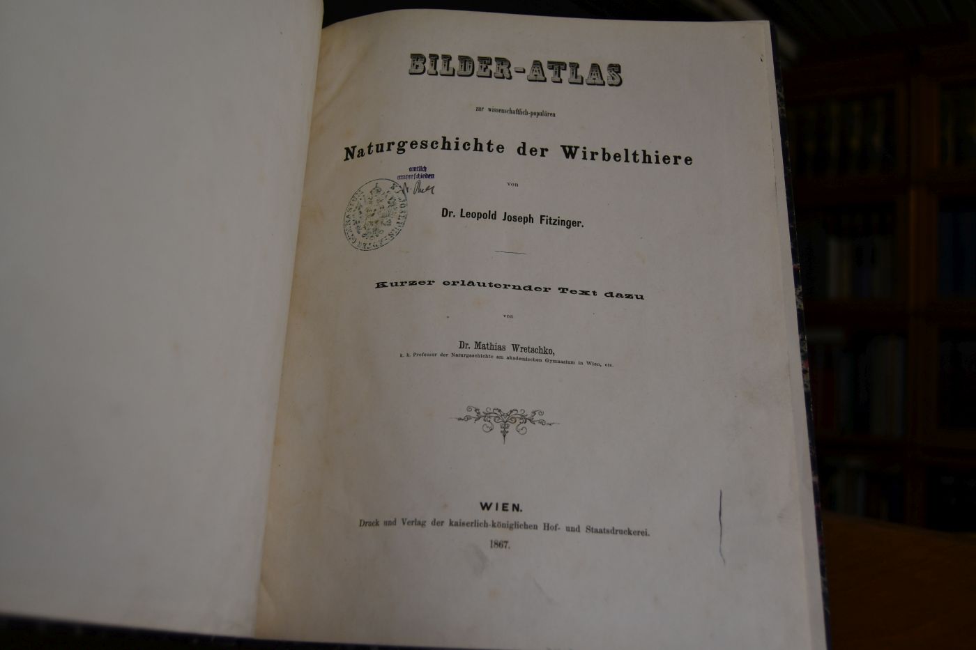 Bilder-Atlas zur wissenschaftlich-populären Naturgeschichte der Wirbelthiere von Leopold Joseph Fitzinger. Kurzer erläuternder Text dazu.