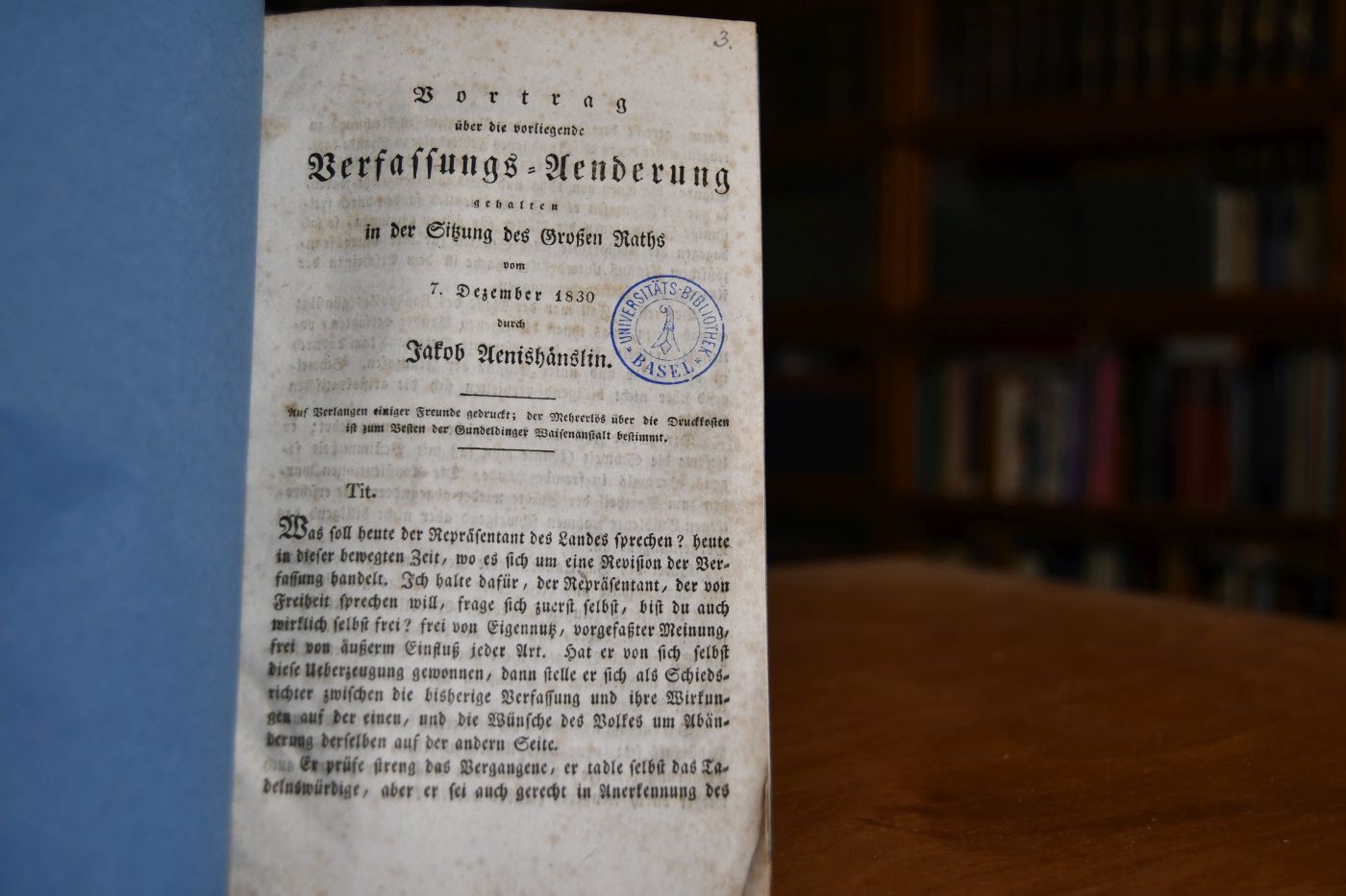 Vortrag über die vorliegende Verfassungs-Aenderung gehalten in der Sitzung des Großen Raths vom 7. Dezember 1830.