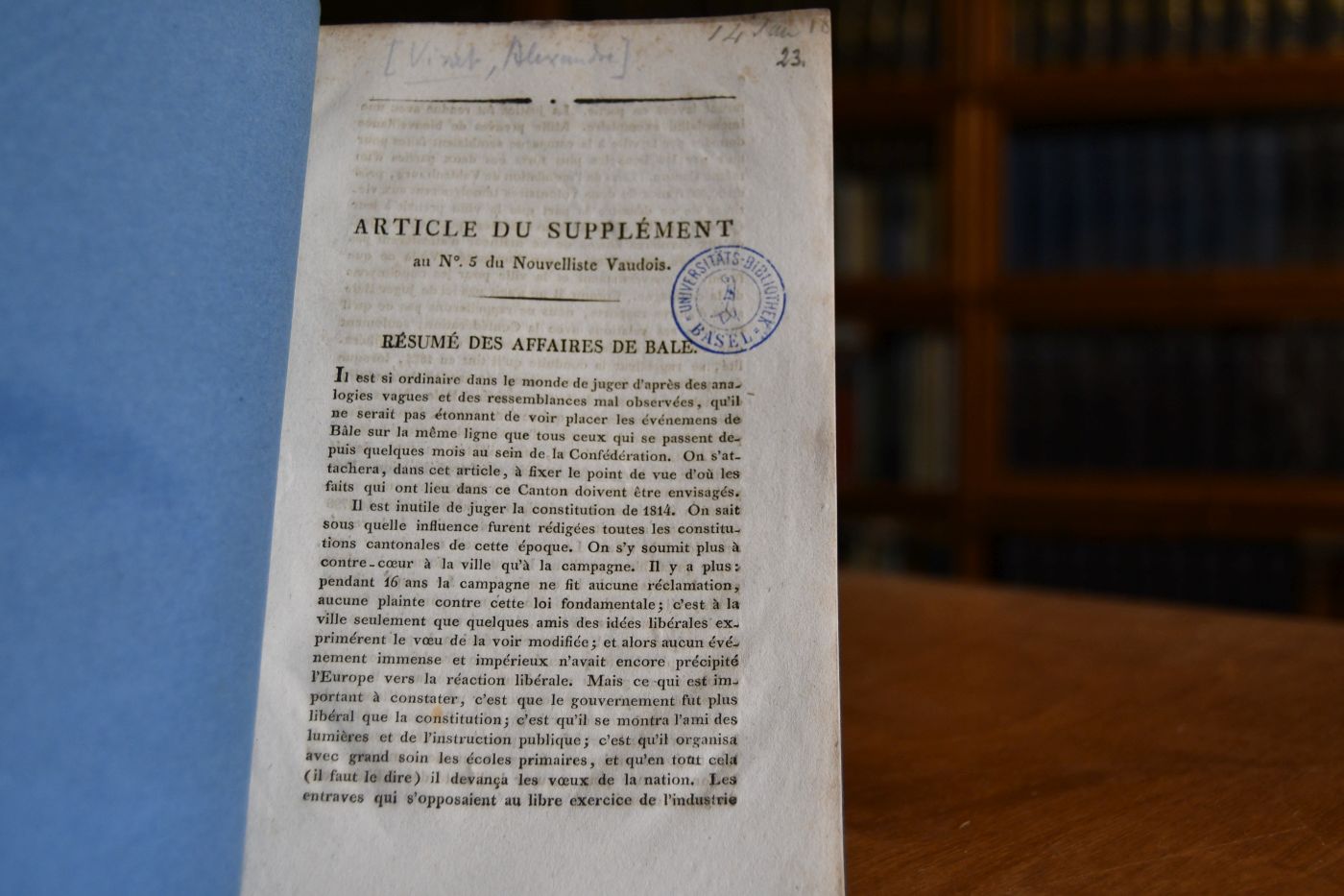 Résumé des affaires de Bâle Article du Supplément au No. 5 du Nouvelliste Vaudois.