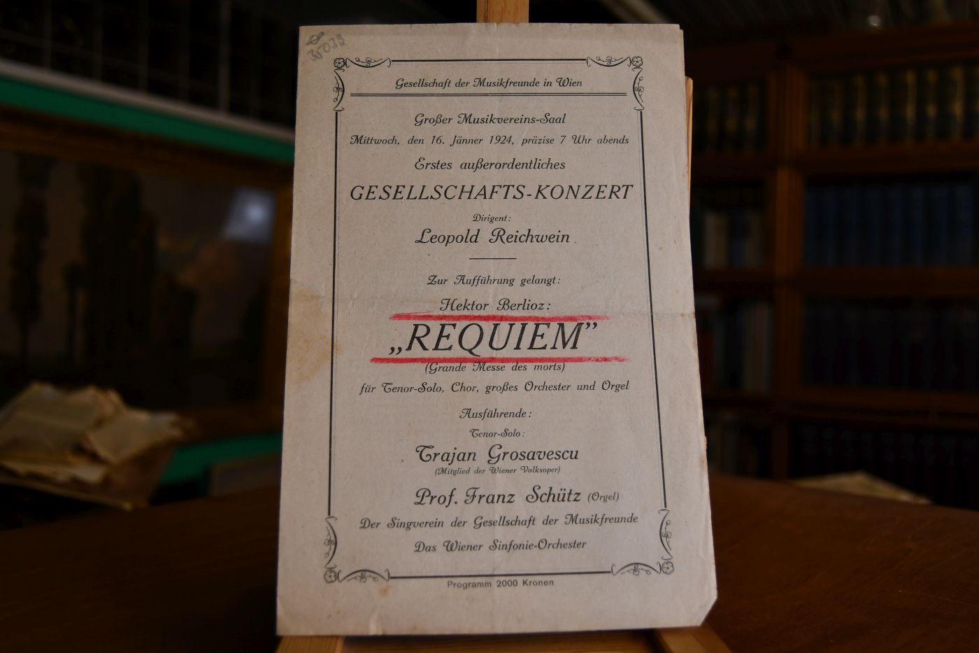 Programm zum ersten außerordentlichen Gesellschafts-Konzert am 16. Jänner 1924 Hector Berlioz Requiem.