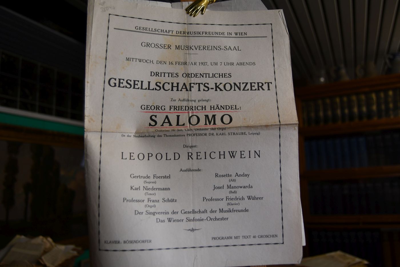Programm zum dritten ordentlichen Gesellschafts-Konzert am 16. Februar 1927 Georg Friedrich Händel Salomo.