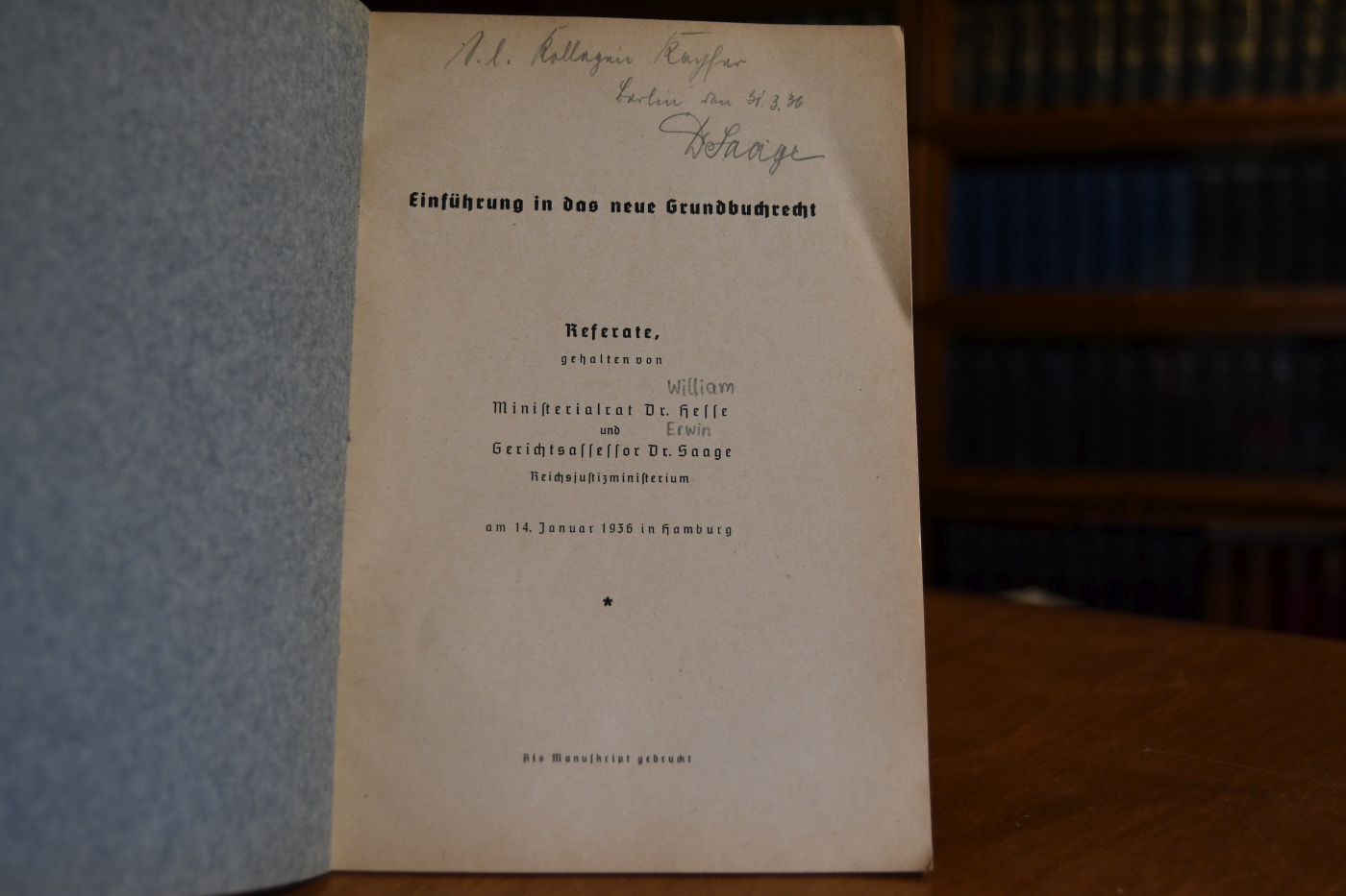 Einführung in das neue Grundbuchrecht. Referate gehalten am 14. Januar 1936 in Hamburg.