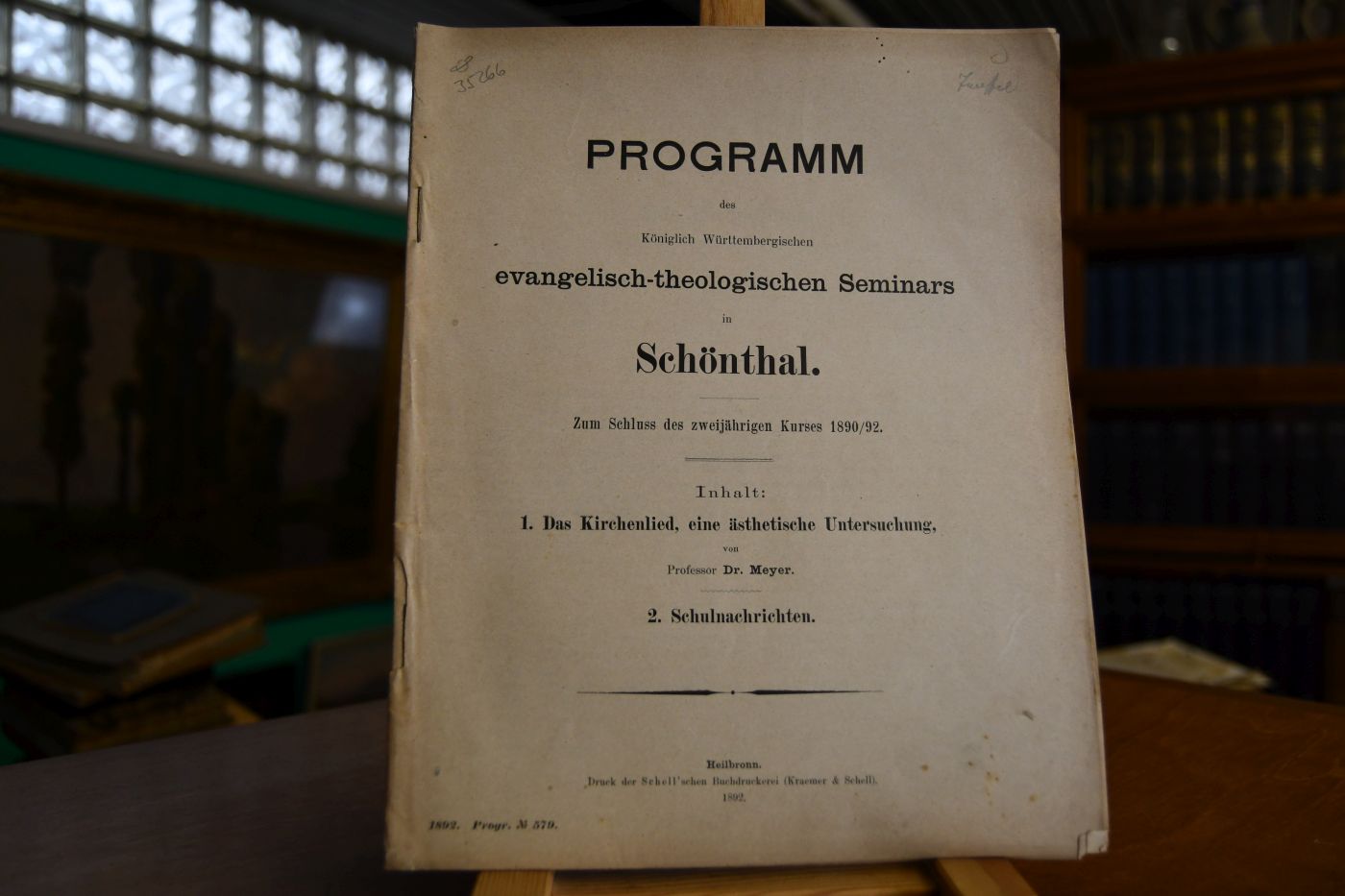 Programm des Königlich Württembergischen evangelisch-theologischen Seminars in Schönthal. Zum Schluss des zweijährigen Kurses 1890/92. Inhalt 1. Das Kirchenlied eine ästhetische Untersuchung von Theodor Meyer. 2. Schulnachrichten.