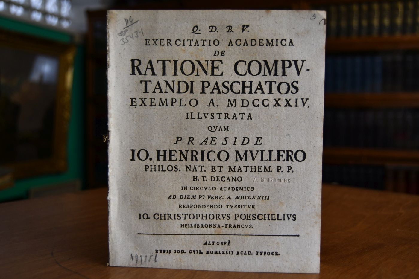 Exercitatio academica de ratione computandi paschatos exemplo a. 1724 illustrata, quam praeside Jo. Henrico Mullero ... ad diem 6 febr. a. 1723 respondendo tuebitur Jo. Christophorus Poeschelius ...