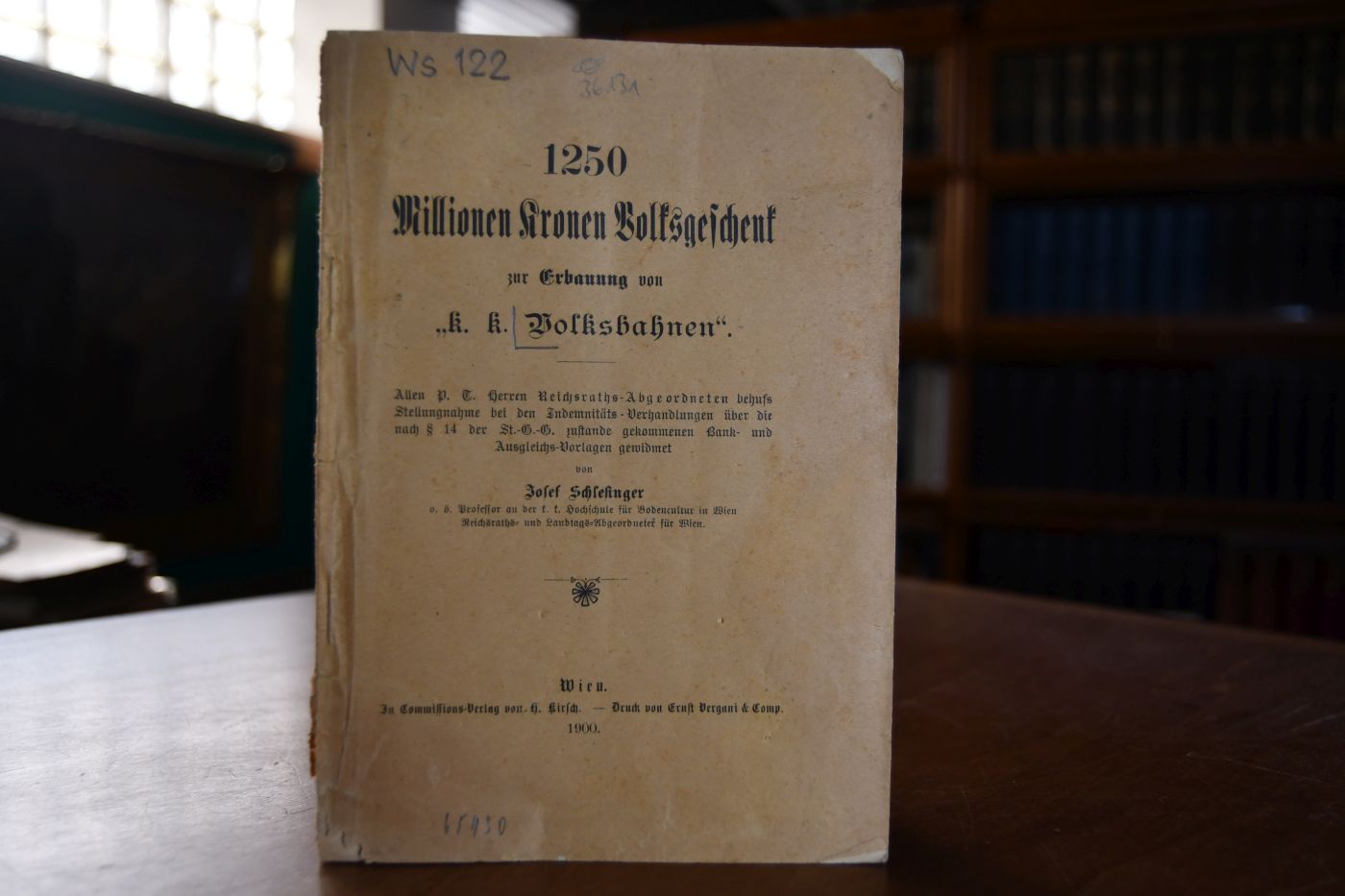 1250 Millionen Kronen Volksgeschenk zur Erbauung von "k. k. Volksbahnen". Allen P. T. Herren Reichsraths-Abgeordneten behufs Stellungnahme bei den Indemnitäts-Verhandlungen über die nach § 14 der St. -G.-G. zustande gekommenen Bank- und Ausgleichs-Vorlagen gewidmet.