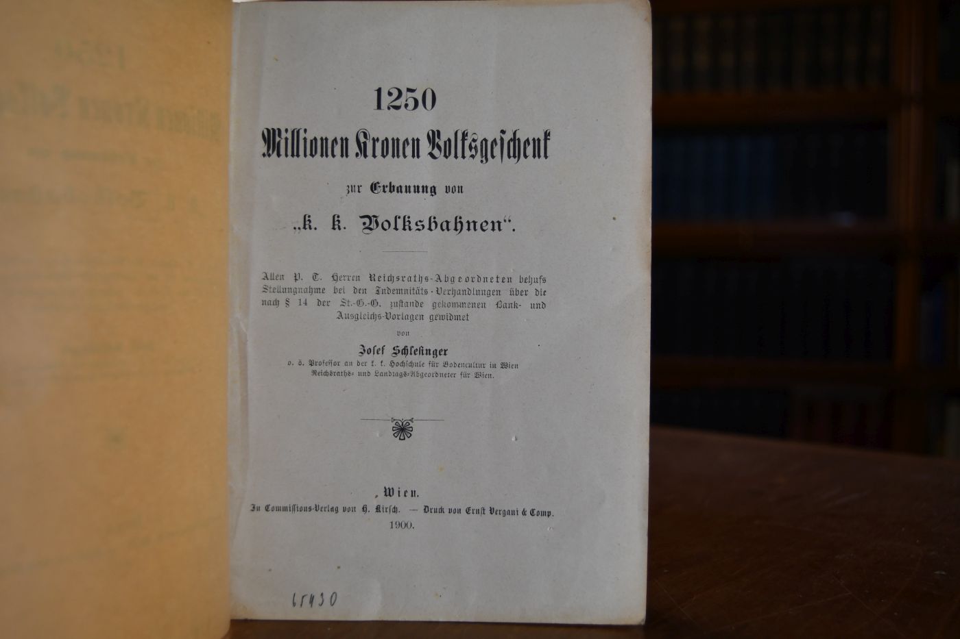 1250 Millionen Kronen Volksgeschenk zur Erbauung von "k. k. Volksbahnen". Allen P. T. Herren Reichsraths-Abgeordneten behufs Stellungnahme bei den Indemnitäts-Verhandlungen über die nach § 14 der St. -G.-G. zustande gekommenen Bank- und Ausgleichs-Vorlagen gewidmet.