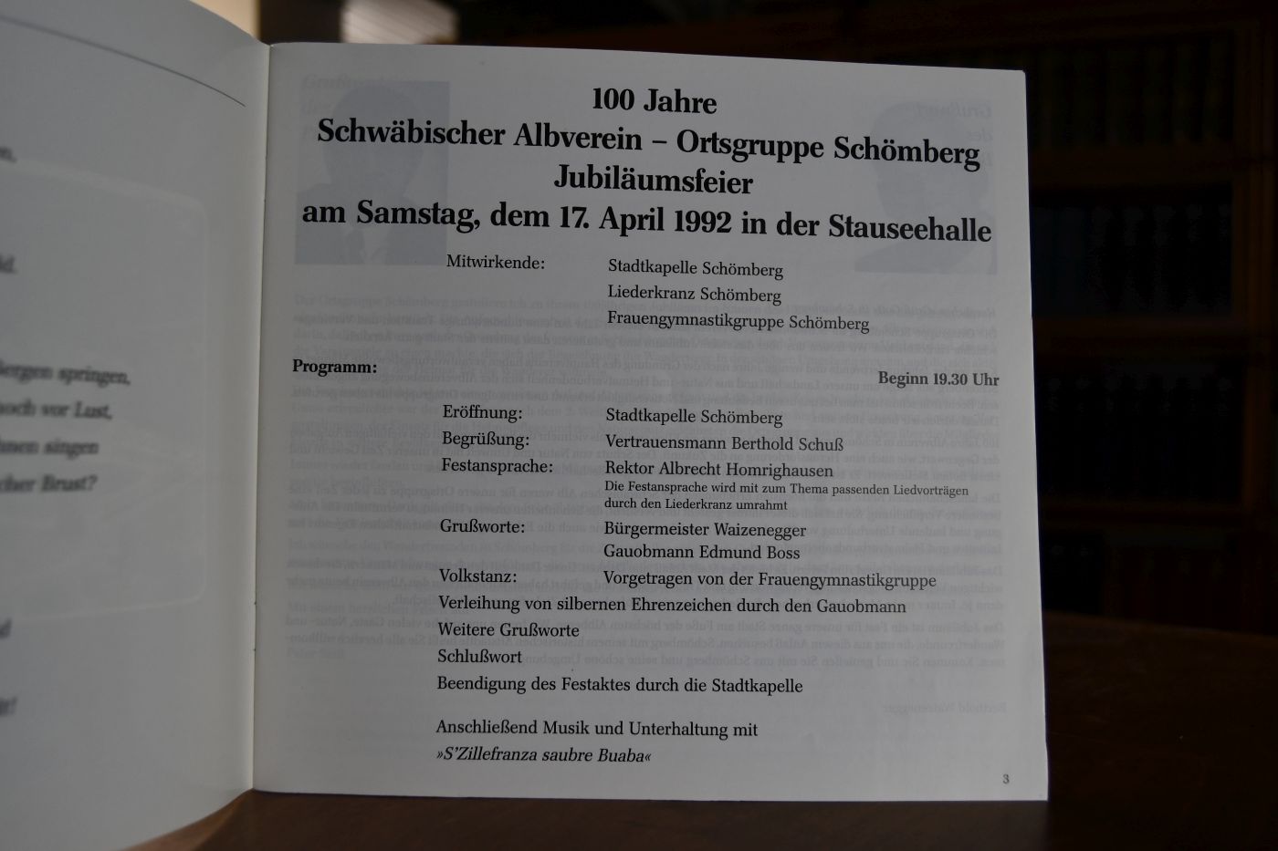 100 Jahre Schwäbischer Albverein - Ortsgruppe Schömberg, Jubiläumsfeier am Samstag, dem 17. April 1992 in der Stauseehalle.