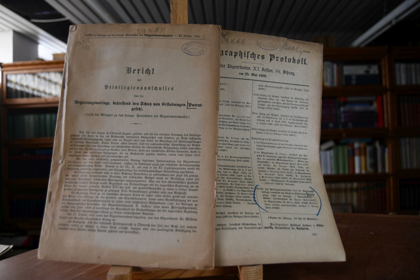 Bericht des Privilegienausschusses über die Regierungsvorlage, betreffend den Schutz von Erfindungen (Patentgesetz). 1490 der Beilagen zu den stenogr. Protokollen des Abgeordnetenhauses, XI. Session 1896. + Stenographisches Protokoll, Haus der Abgeordneten XI. Session, 504. Sitzung am 29. Mai 1896 (25485).