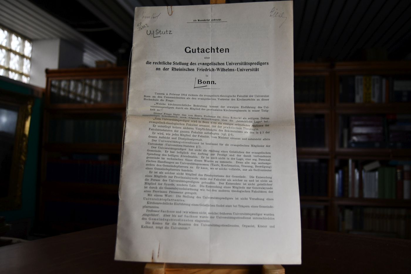Gutachten über die rechtliche Stellung des evangelischen Universitätspredigers an der Rheinischen Friedrich-Wilhelms-Universität in Bonn.