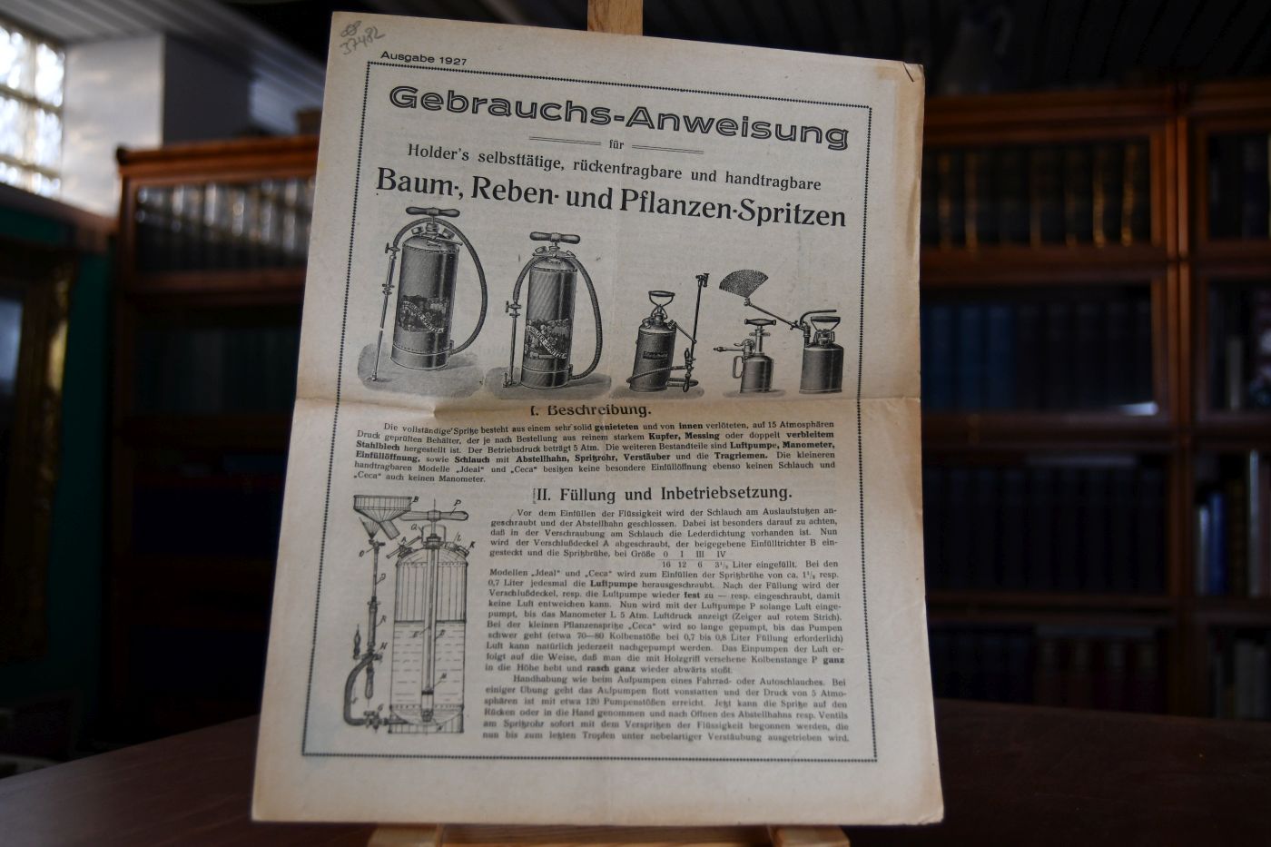 Gebrauchs-Anweisung für Holder`s selbsttätige, rückentragbare und handtragbare Baum-, Reben- und Pflanzen-Spritzen. Ausgabe 1927.