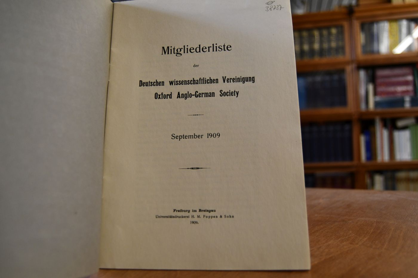 Mitglieder-Liste der deutschen wissenschaftlichen Vereinigung, Oxford Anglo-German Society. September 1909.