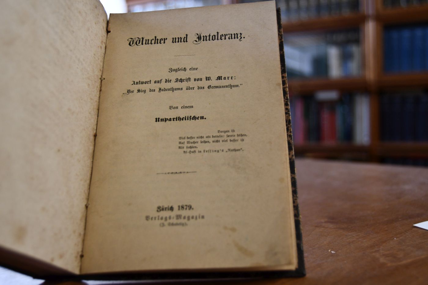 Nach dem Orient. Beigebunden Friedrich Hebbel; Herodes und Marianne, Eine Tragödie in fünf Acten, Wien, Gerold, 1850, 220 S. Weiter beigebunden Wucher und Intoleranz, zugleich eine Antwort auf die Schrift von W. Marr `Der Sieg des Judenthums über das Germanenthum`, von einem Unpartheiischen, Zürich, Verlags-Magazin, 1879, 36 S.