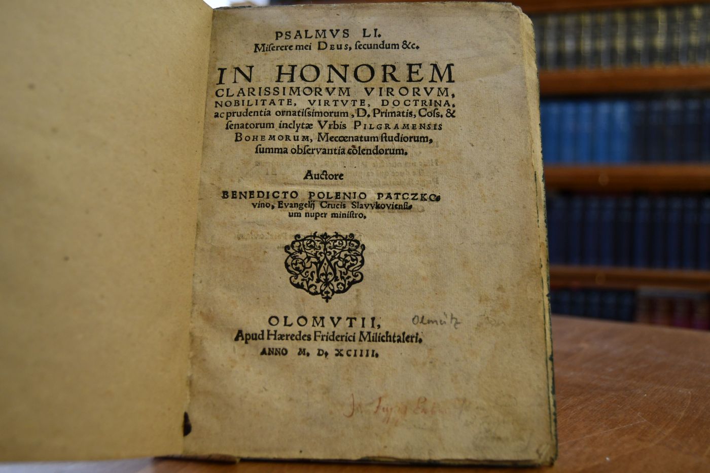 Psalmus LI. Miserere mei Deus, secundum &c. In Honorem clarissimorum virorum, nobilitate, virtute, doctrina, ac prudentia ornatissimorum, D. Primatis, Coss, & senatorum inclytae Urbis Pilgramensis Behemorum, Meccenatum studiorum, summa observantia colendorum.