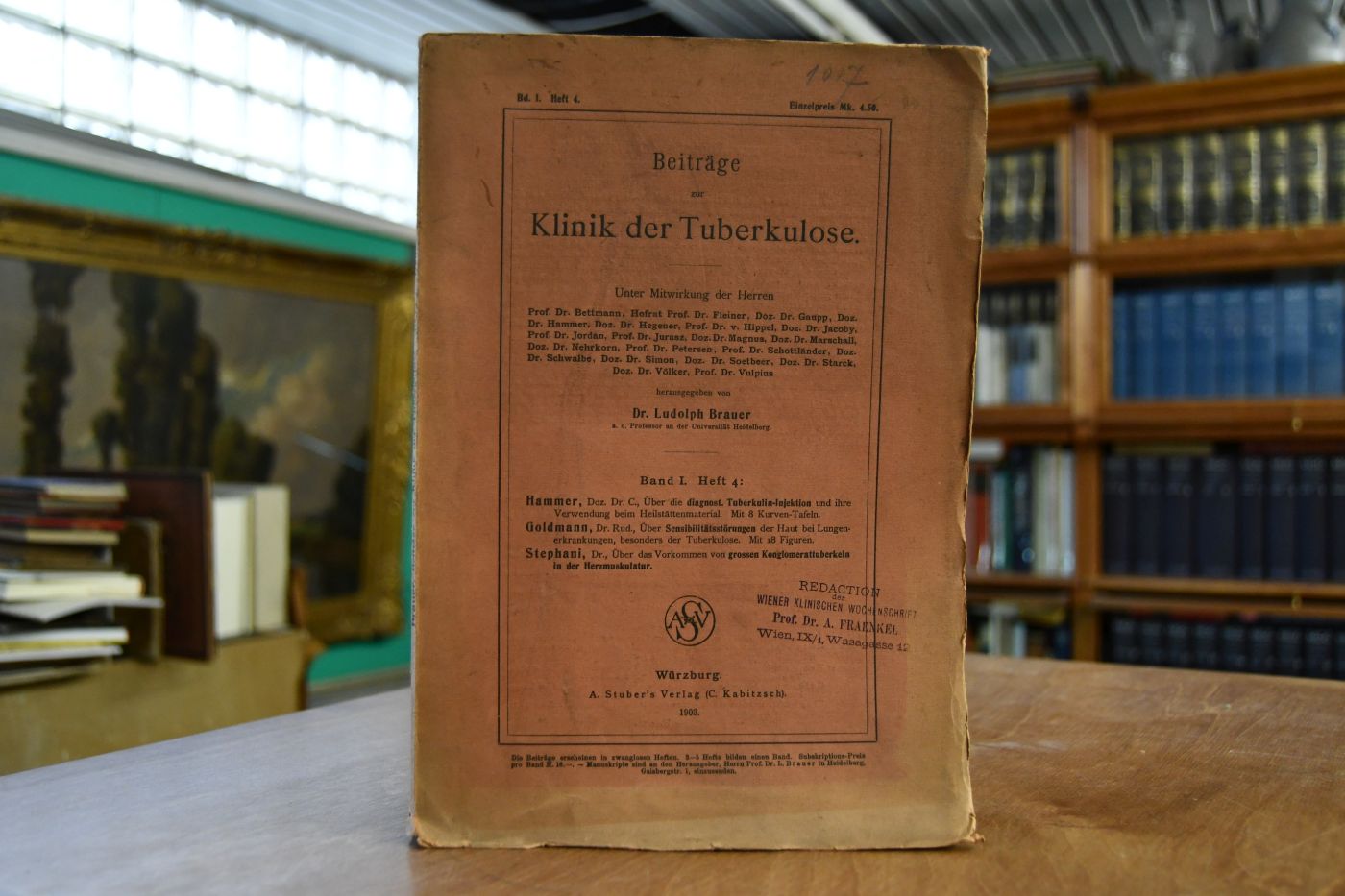 Beiträge zur Klinik der Tuberkulose. Band I, Heft 4 1. Hammer, Über die diagnost. Tuberkulin-Injektion und ihre Verwendung beim Heilstättenmaterial. 2. Goldmann, Über Sensibilitätsstörungen der Haut bei Lungenerkrankungen, besonders der Tuberkulose. 3. Stephani, Über das Vorkommen von grossen Konglomerattuberkeln in der Herzmuskulatur.