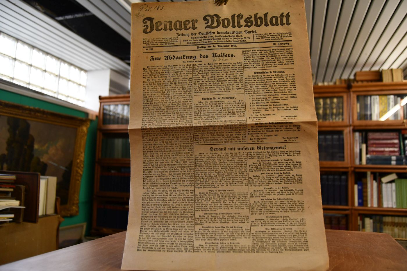 Jenaer Volksblatt. Zeitung der Deutschen demokratischen Partei. 30. Jahrgang, Nr. 267 vom 14. November 1919.
