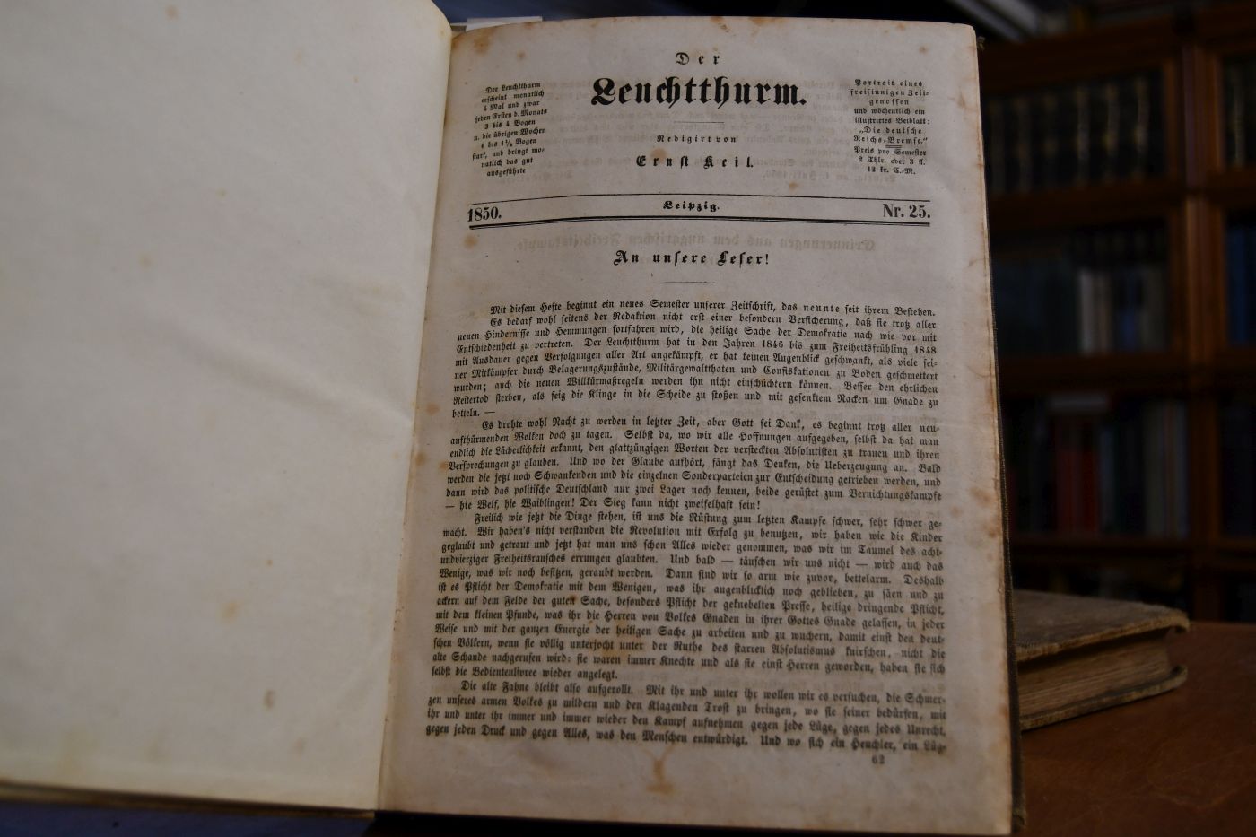 Der Leuchtthurm. Mit dem Beiblatt Deutsche Reichs-Bremse. Jahrgang 1850 Hefte 1-36 in 2 Bdn. Beigebunden Die Wartburg und Spitzkugeln, Beiblatt zur Wartburg Hefte 1-12. S. 666-874, S. 1-52. Kirchner 7975.