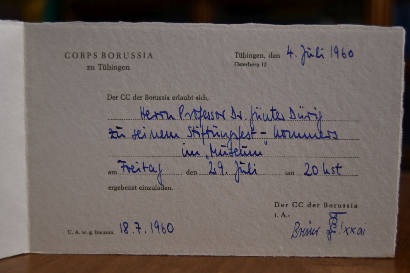 Einladungskarte des Corps Borussia zu Tübingen an Professor Dr. Günter Dürig zur Terilnahme am Stiftngsfest-Kommers im Museum am 29. Juli 1960.