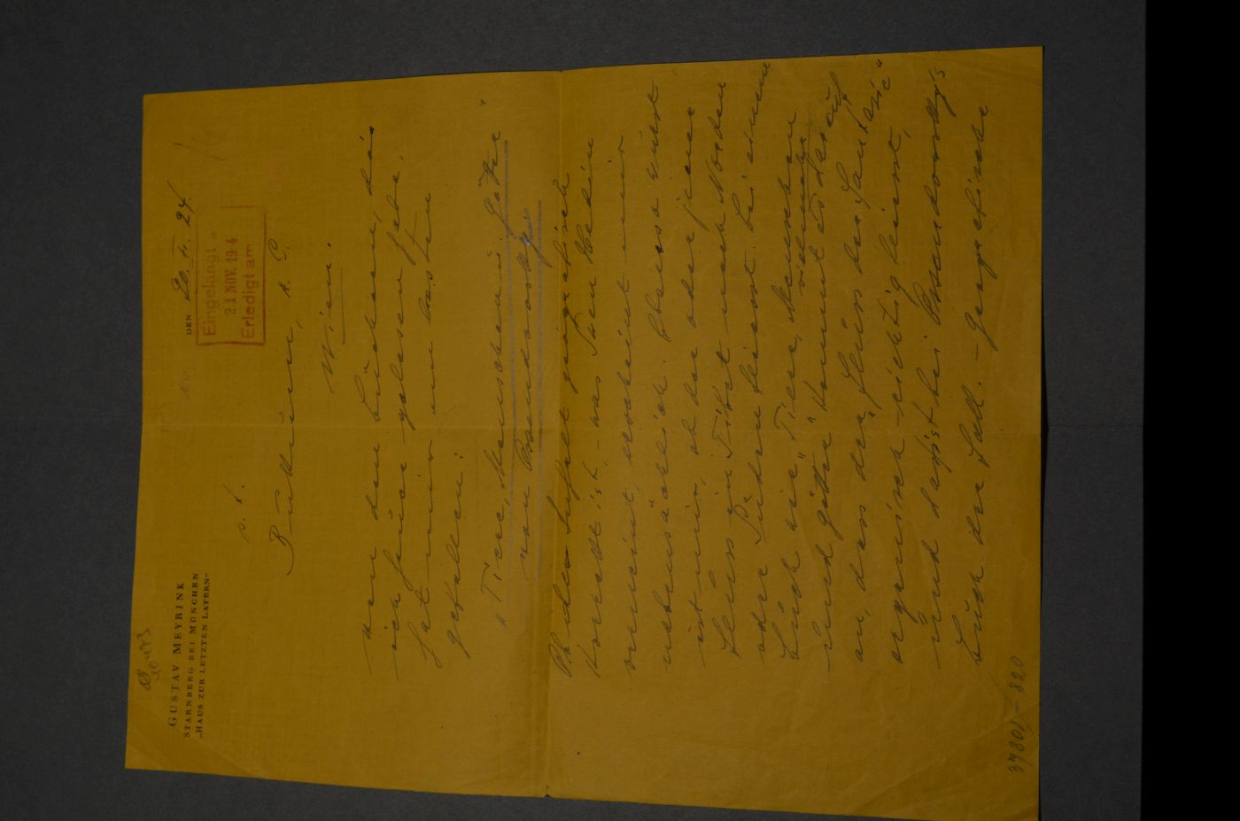 Handschriftlicher Brief von Gustav Meyrink (1868-1932) vom 21. November 1924 an einen unbekannten WIener Adressaten. 1 1/4 S.
